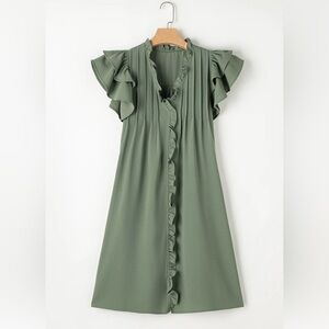 V-Neck Ruffled Sleeve Shift Dress. Pleated | Women’s Sz-M | Comfy | Sage Green